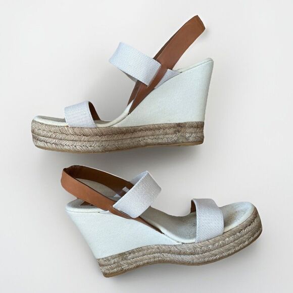 Tory Burch Sandals 9.5 Espadrille Slingback Cream Brown Canvas Casual Wedges - Picture 2 of 11